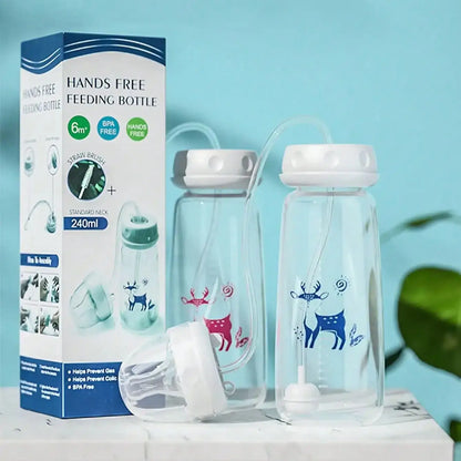8oz/240ml Normal-Neck Baby Bottle with Straw Brush,Hands-Free PP Feeding Bottle Set-Makes Feeding Easy
