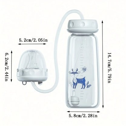 8oz/240ml Normal-Neck Baby Bottle with Straw Brush,Hands-Free PP Feeding Bottle Set-Makes Feeding Easy